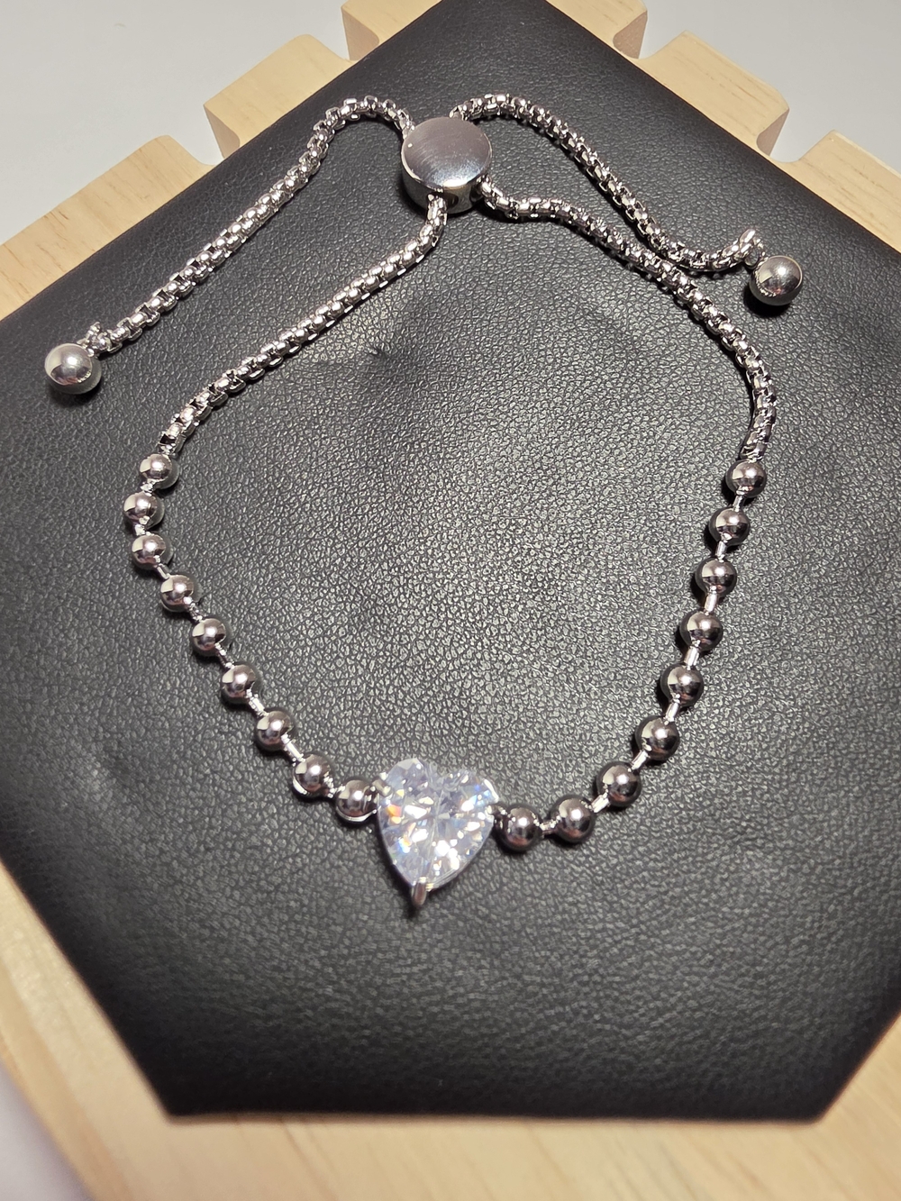 Silver Tone  Heart CZ Beaded Adjustable Bracelet - Stainless Steel. New.
